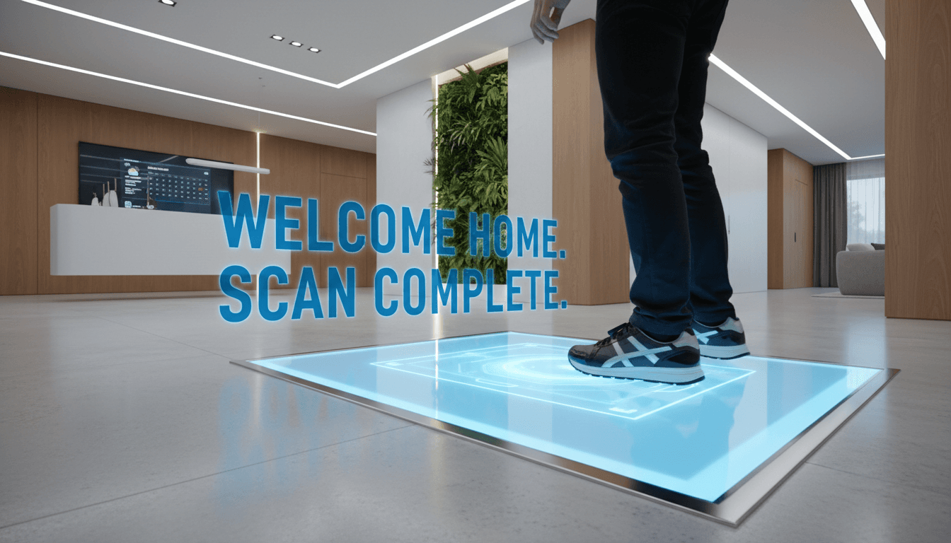 Blue-glowing Smart Mat at home entryway scanning shoe sole