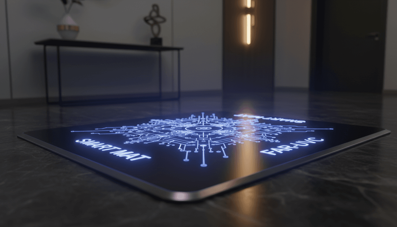 Close-up of Smart Mat's Far-UVC light emitting a blue glow in a luxury home