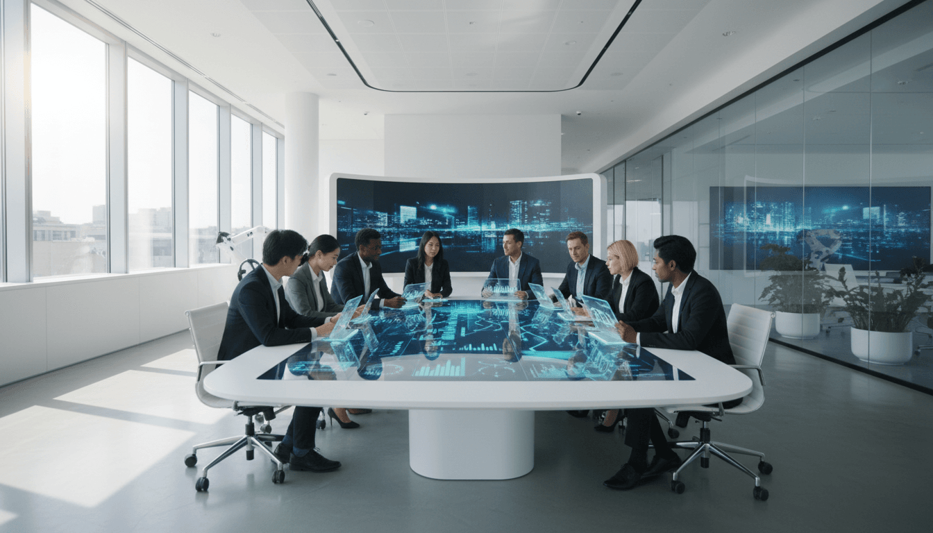 Business team reviewing documents in a modern office with natural light.