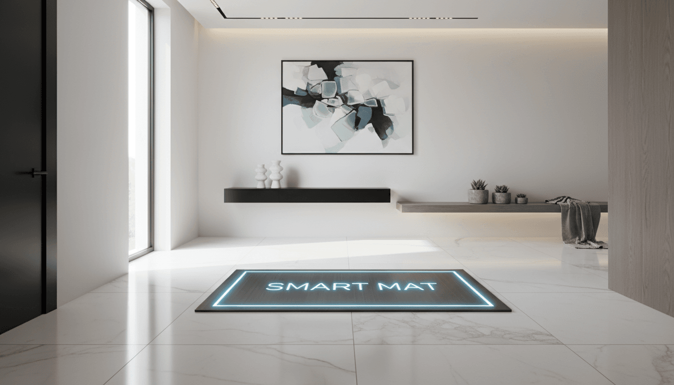 Smart MAT glowing blue in a luxury home entryway with modern decor