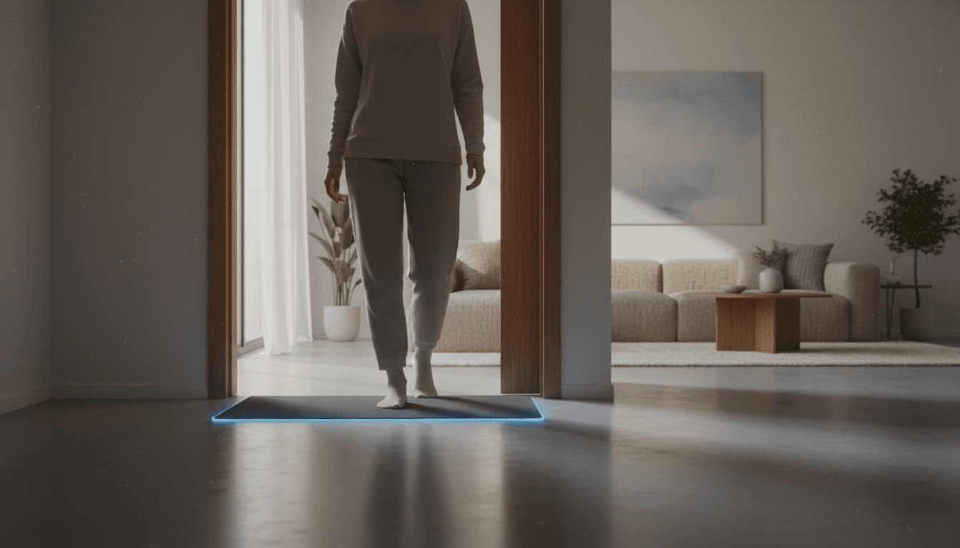 Person stepping into protected home interior from smart mat