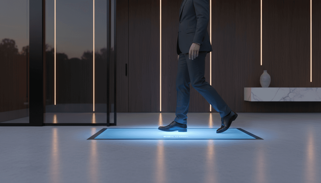 Person stepping onto glowing Smart Mat at home entryway