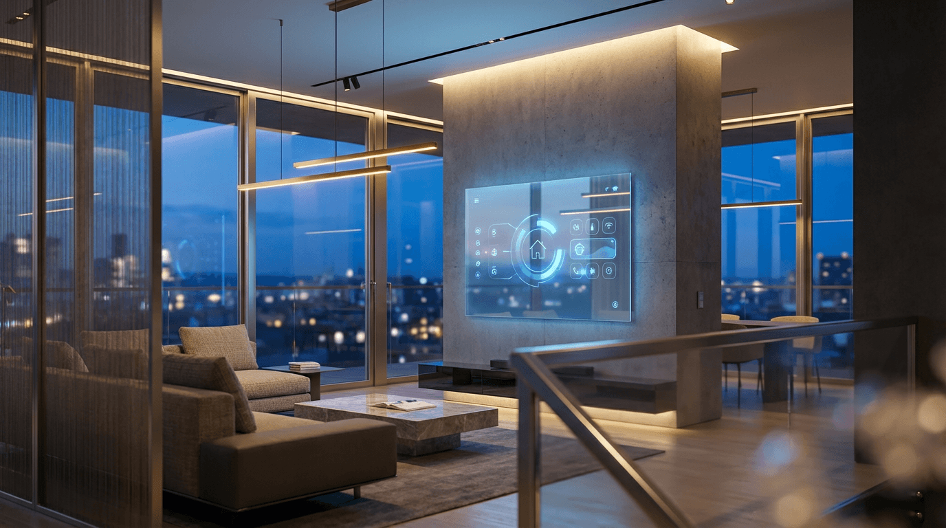 Modern luxury home entryway with Smart MAT glowing blue at the threshold, ready for use