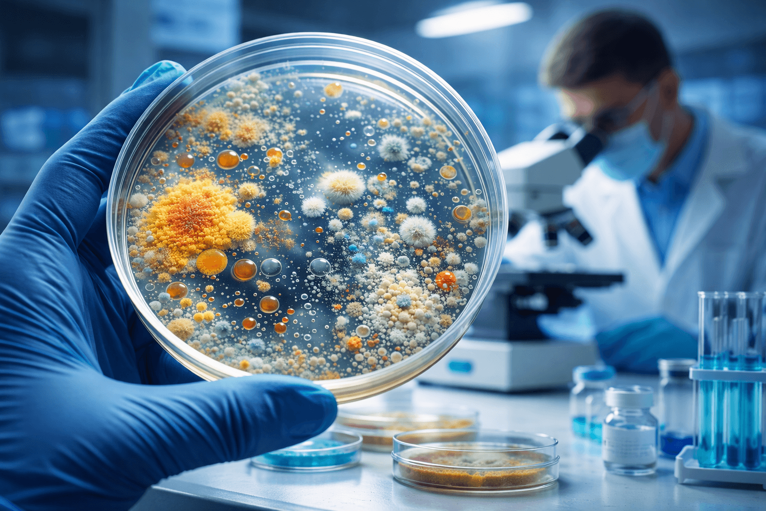 Gloved hand holding a Petri dish with colorful microbial colonies, scientist working in background.