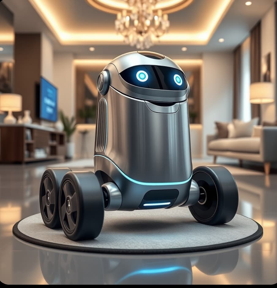 Sleek silver robot with glowing blue eyes on wheels in a modern living room.