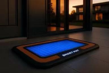 Glowing blue smart mat with orange trim on a dark patio outside a modern house.