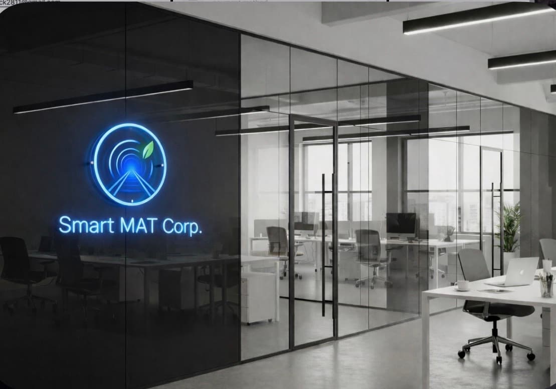Glowing blue Smart MAT Corp. logo on a glass partition in a modern office interior.