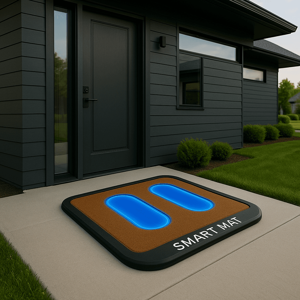 Smart mat with glowing blue pads on a concrete porch before a modern dark house.